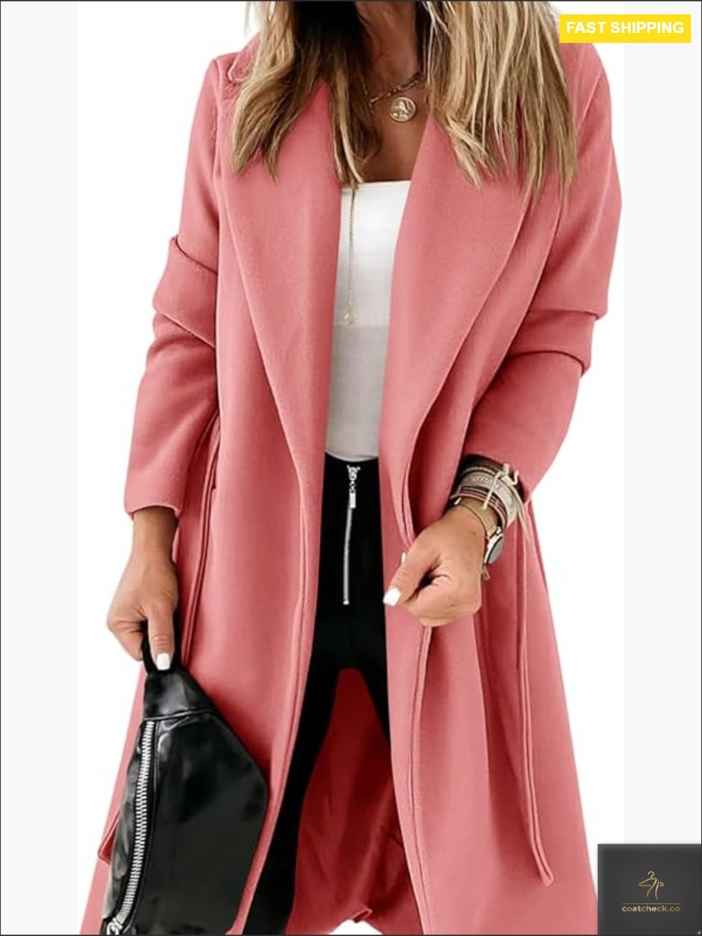 Classic Open Front Belted Wool Blend Pea Coat Long Sleeve Mid Length